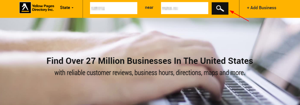 Screenshot of Yellow Pages' official webpage where you search for information