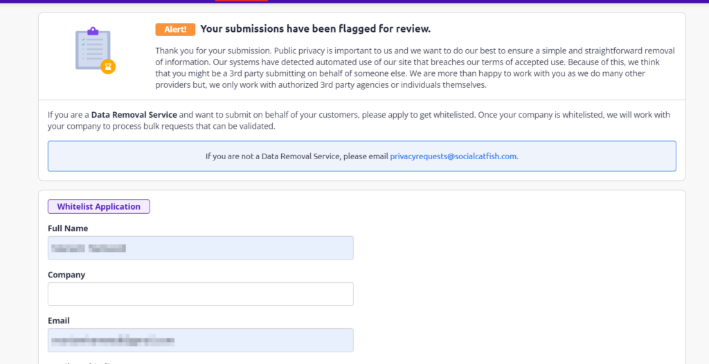 Screenshot of whitelisting your request to proceed with the opt out 