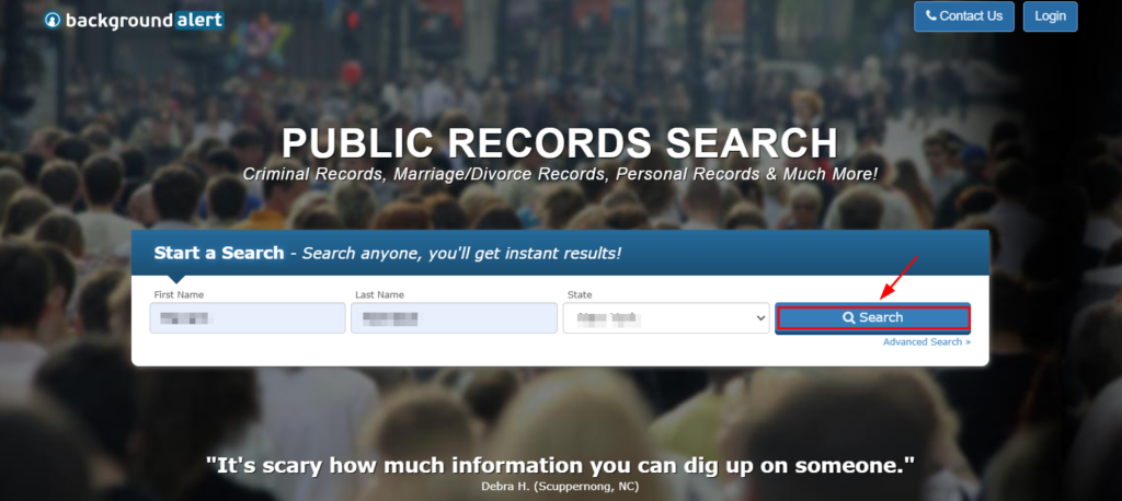 Screenshot of Background Alert's official page where you enter information of the said person and search