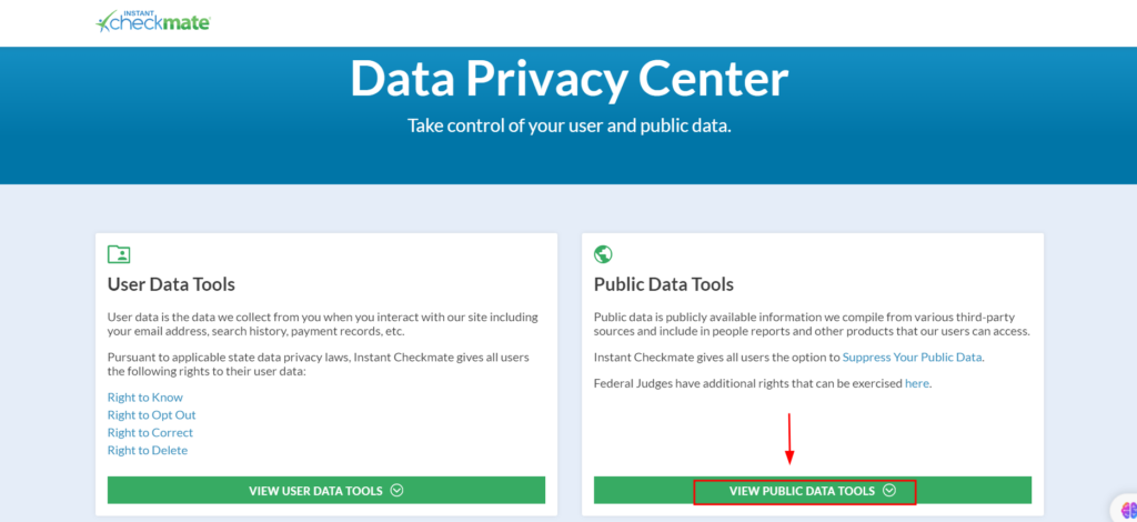 Screenshot of data privacy center where you need to opt for "VIEW PUBLIC DATA TOOLS"