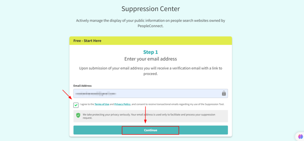 Screenshot of the first step of suppressing your data by entering your email and verifying you've agreed to the terms