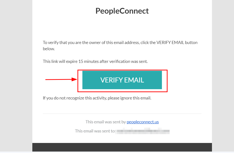 Screenshot of email verification via PeopleConnect
