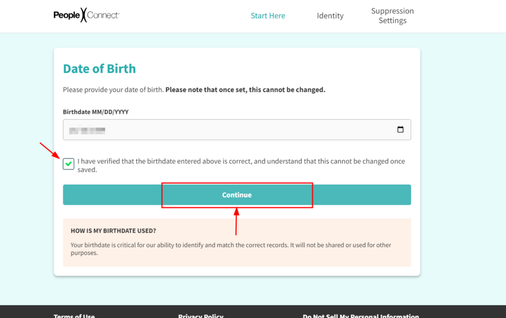 Screenshot of specifying the details you need to opt out 