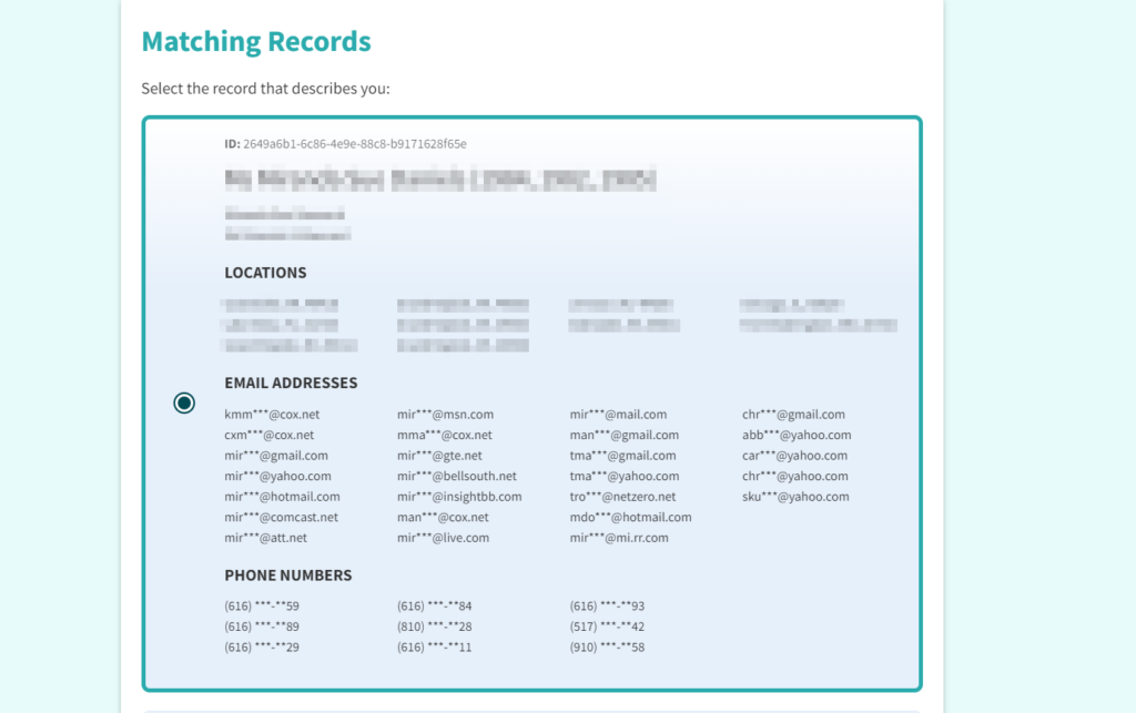 Screenshot of the matching records where you need to select the profile you want removed