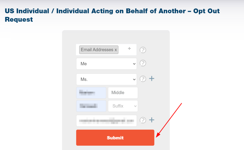 Screenshot of the opt out form on Acxiom's website where you need to fill in your details