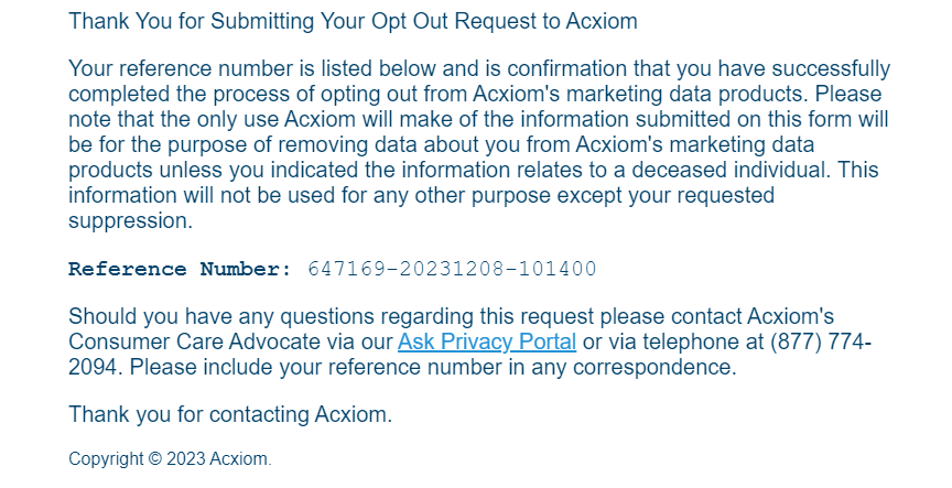 Screenshot of the submission of the opt out request to Acxiom