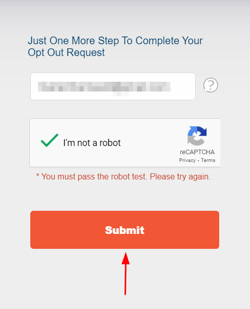Screenshot of another step after opt out to complete your request