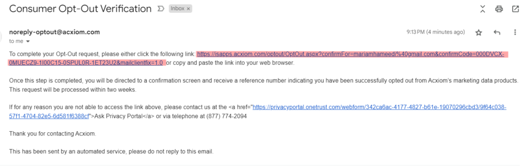 Screenshot of the email where Acxiom will send the link to proceed with the opt out