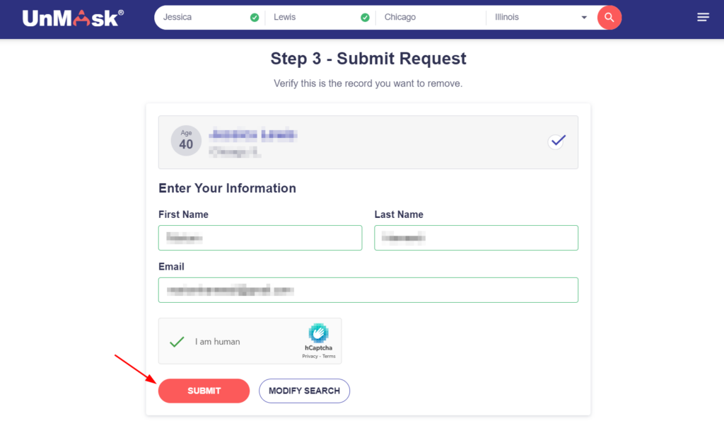 Screenshot of submitting your opt out request on UnMask