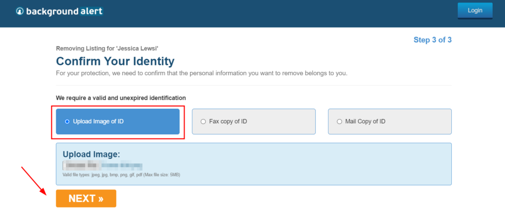 Screenshot of identity confirmation on Background Alert to process the opt out 