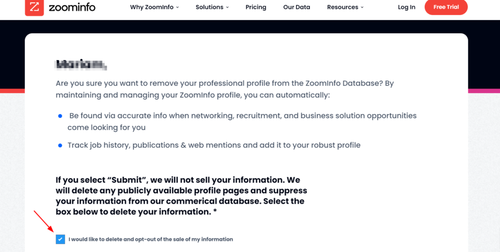 Screenhot of ZoomInfo's page where you need to select your reason for opting out