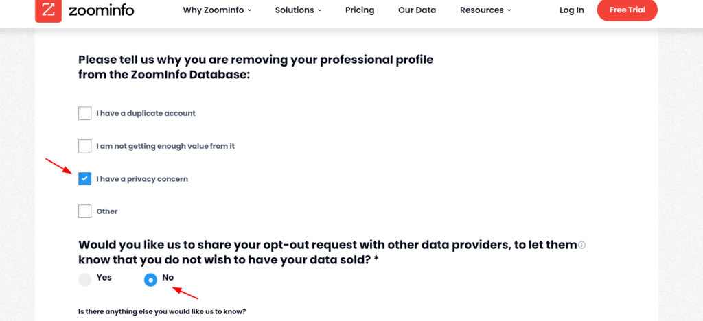 Screenshot of ZoomInfo's page where you're specifying the reason you want to opt out