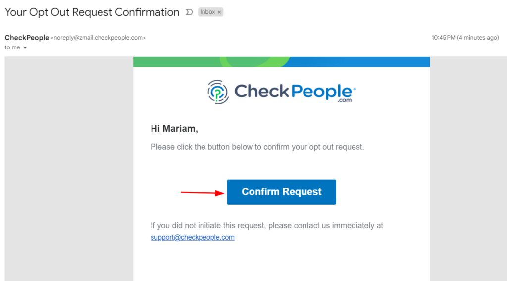 Screenshot of email verification post opting out on CheckPeople