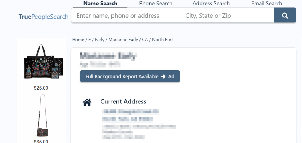 Screenshot of removing information that you have selected on TruePeopleSearch