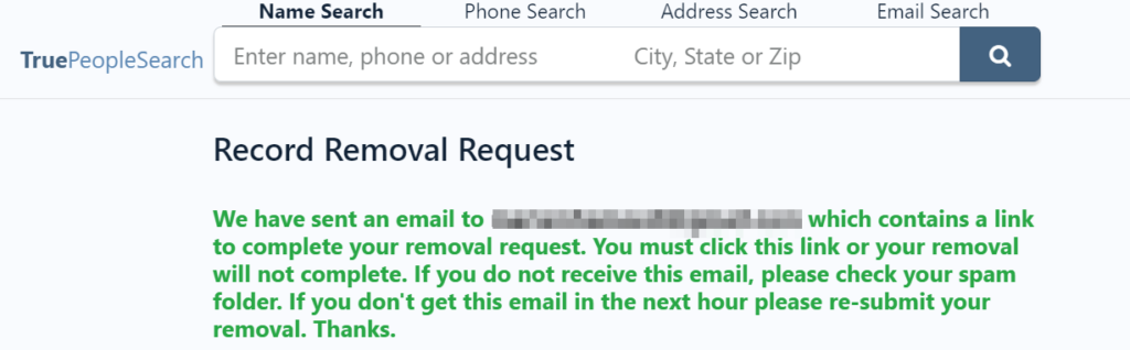 Screenshot of the removal request sent to you on the email you entered