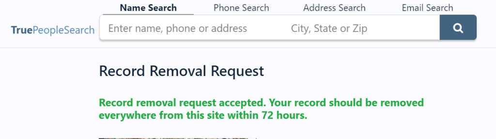Screenshot of removal request accepted by TruePeopleSearch