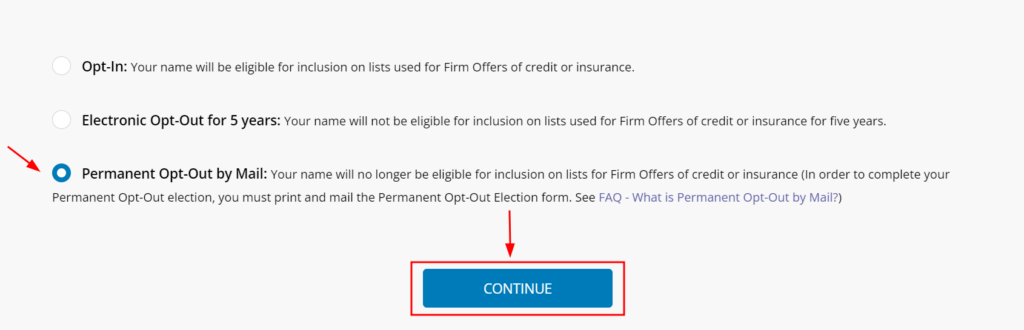 Screenshot of permanent opt out by mail on Innovis' webpage