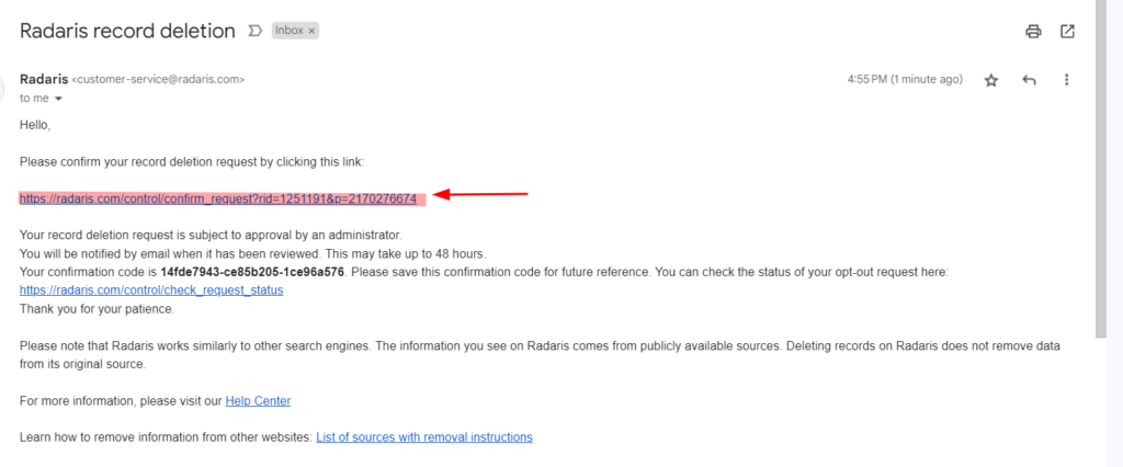 Screenshot of the verification email sent by Radaris