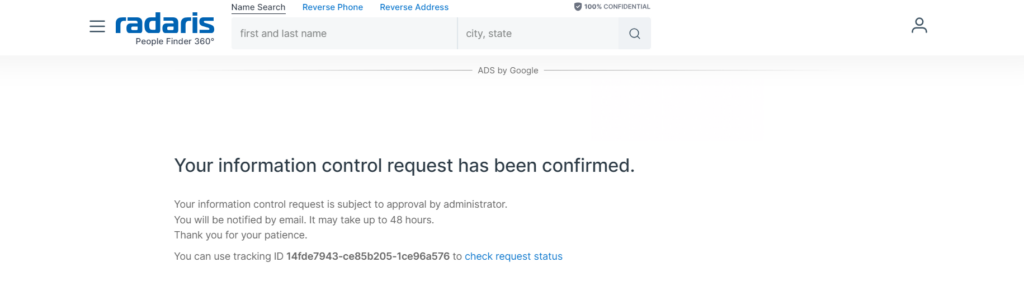 Screenshot of the confirmation for opt request on Radaris