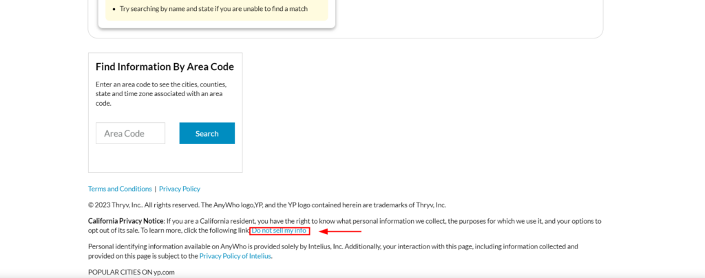 Screenshot of the bottom end of  AnyWho's official webpage where you need to select the option "Do not sell my info" to proceed for an opt out 