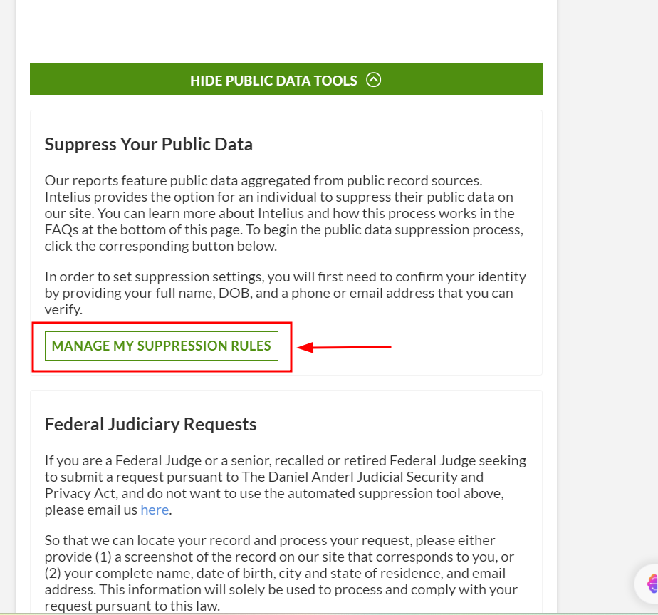 Screenshot of the same process where you need to opt for "MANAGE MY SUPPRESSION RULES" 