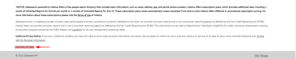 Screenshot of ZabaSearch's bottom end of the webpage where it gives you the option of "Suppress my data"