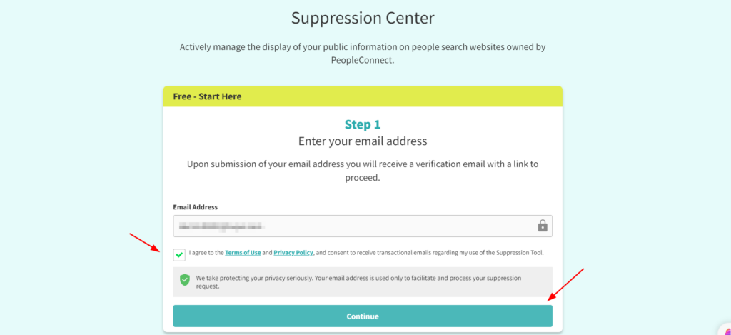 Screenshot of the first step in the suppression center to opt out by sharing your email 