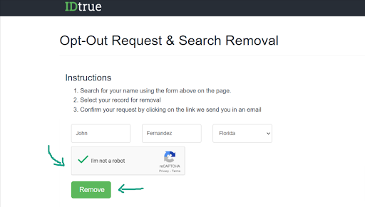 Screenshot of iD True's opt out request and search removal