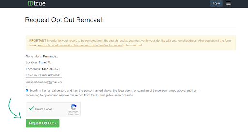 Screenshot of iD True's request opt out removal