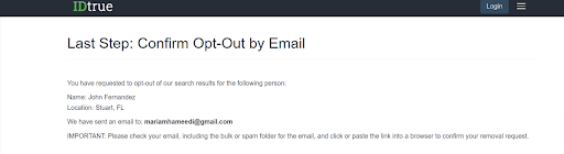 Screenshot of iD True's confirmation for opt-out by email