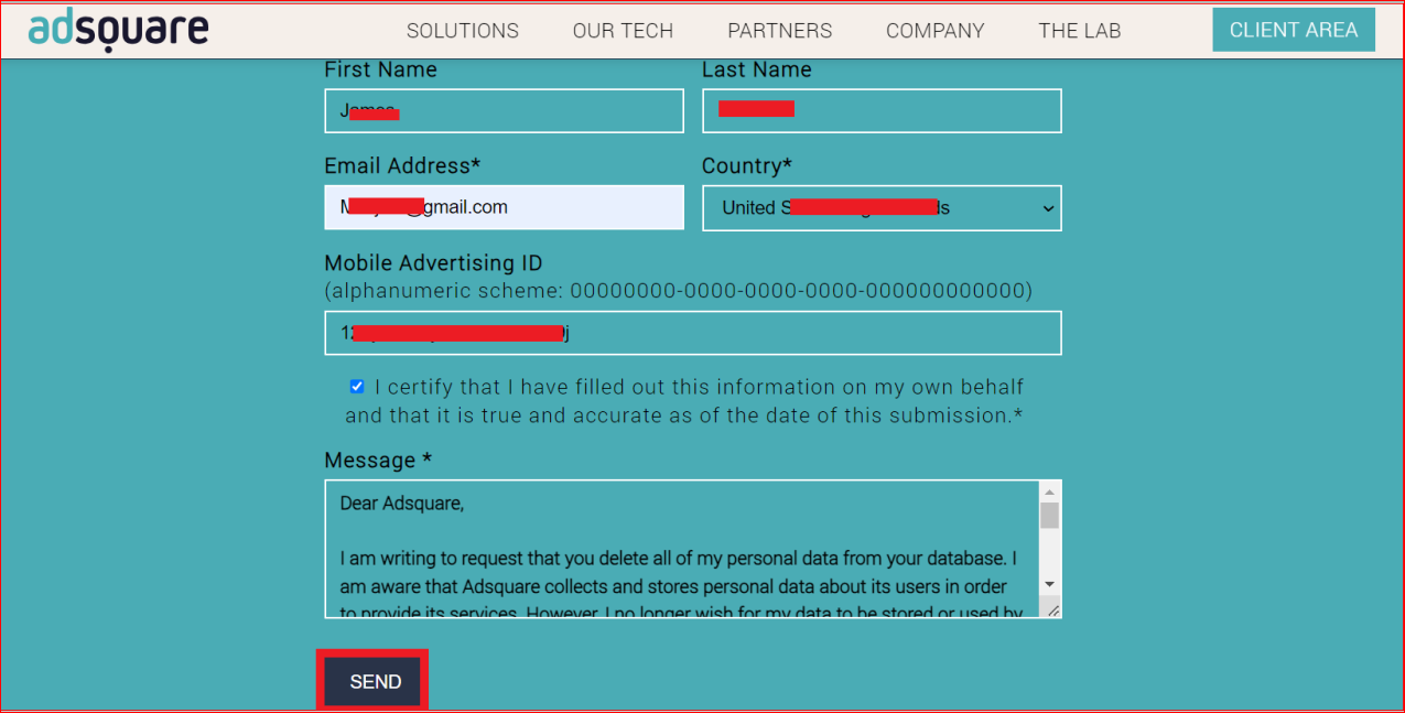 Screenshot of opt out form on AdSquare filled with relevant details
