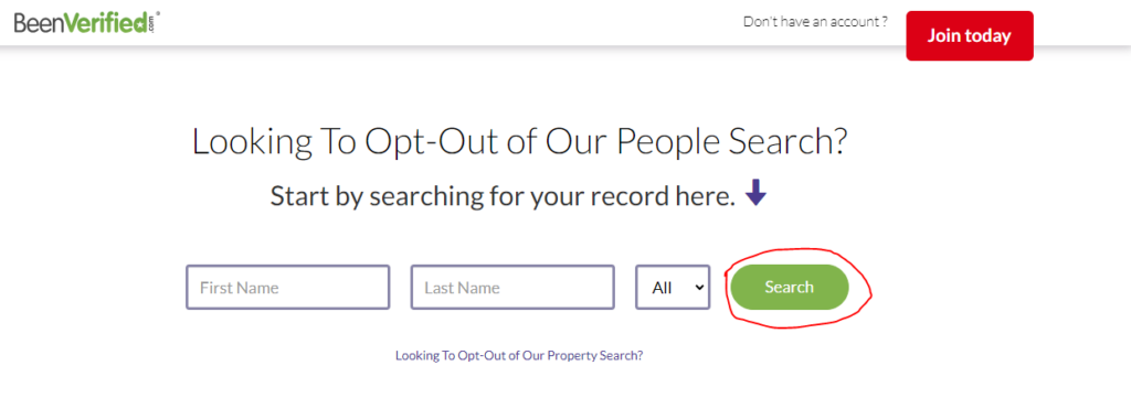 Screenshot of Search option on BeenVerified homepage