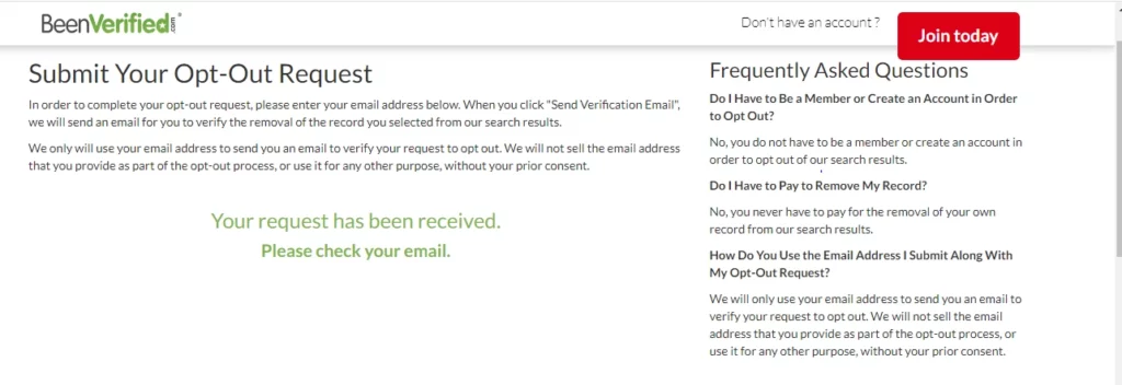 Screenshot of email receipt on BeenVerified