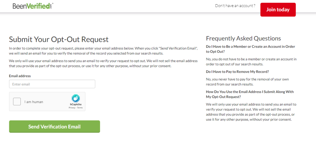 Screenshot of Opt Out Request on BeenVerified
