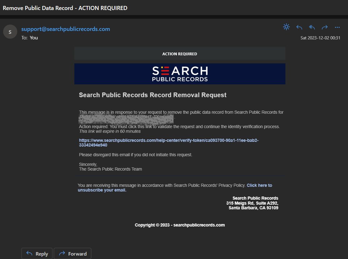 email confirmation of opt out form search public record
