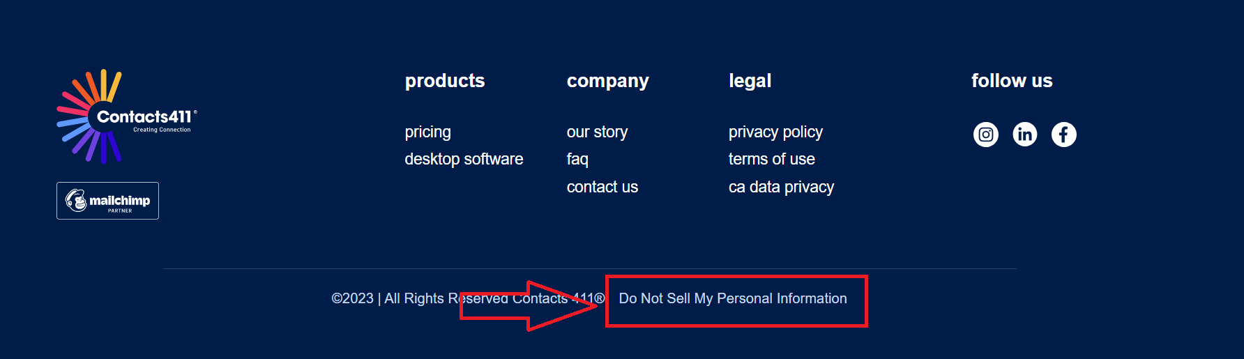Navigate to do not sell my information at contact411