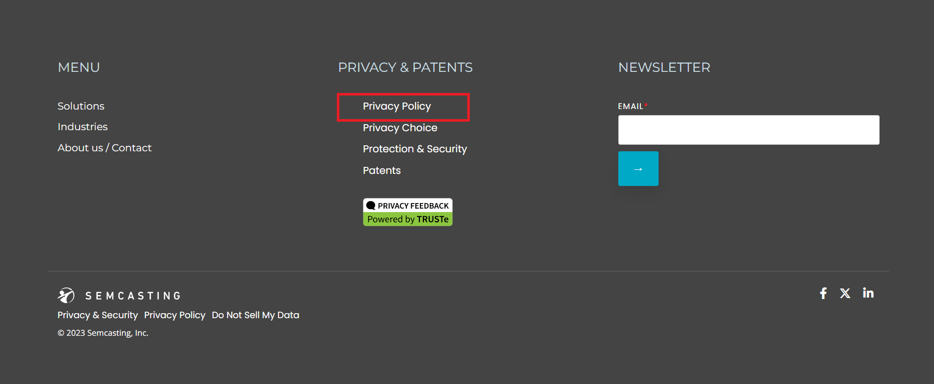Navigate to semcasting privacy policy page