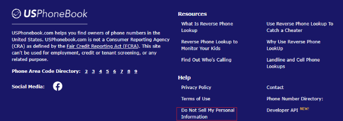 Navigate to usphonebook do not sell my personal information page