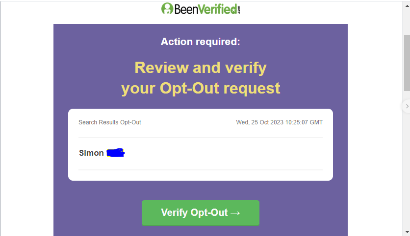 Screenshot of verification confirmation