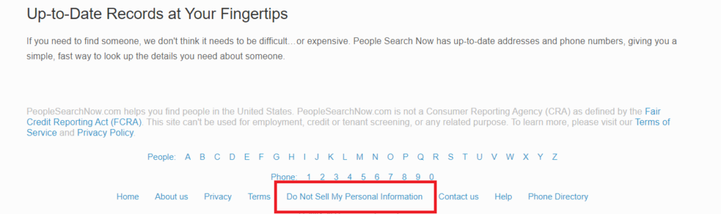 Screenshot of footer of PeopleSearchNow website