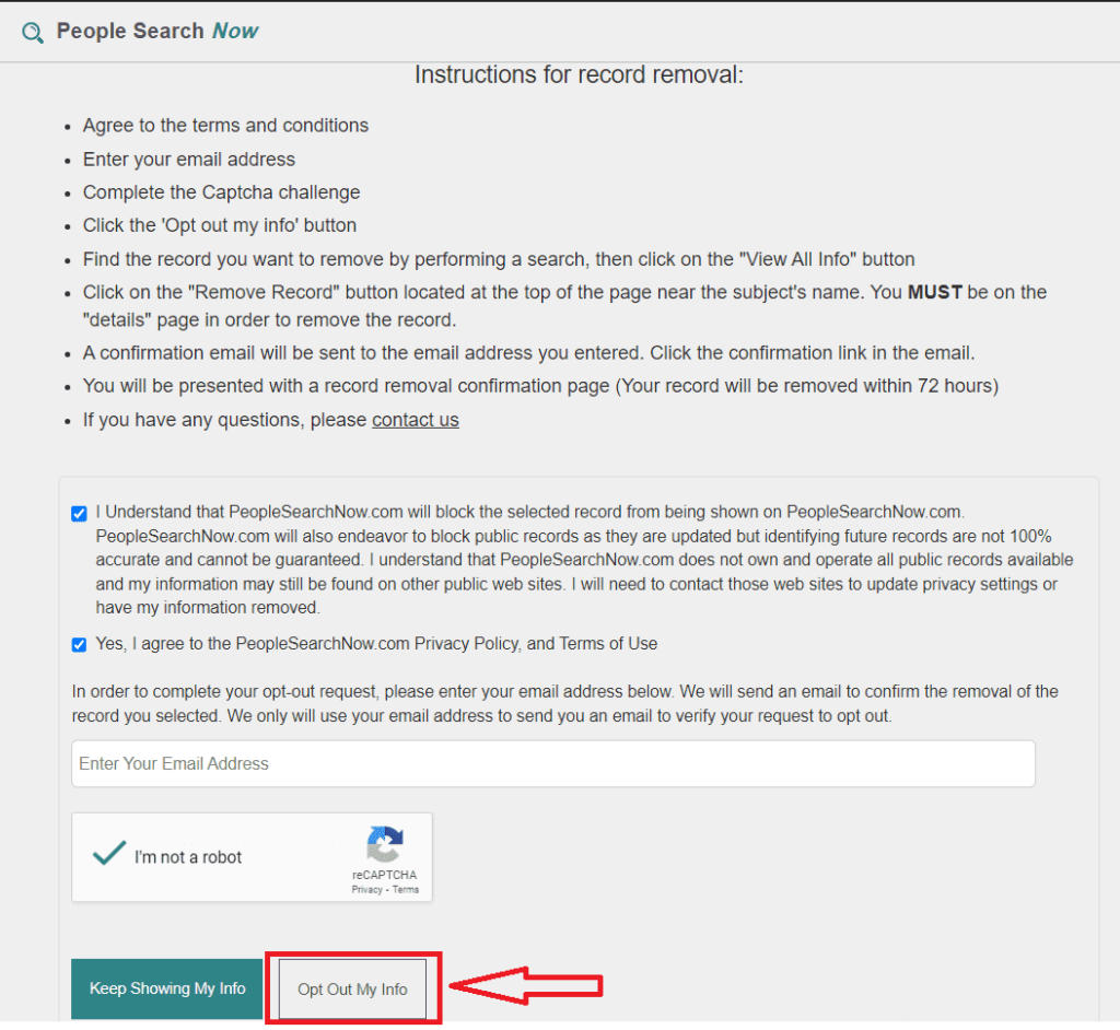 Screenshot of the instructions for opt out from PeopleSearchNow