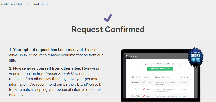 Screenshot of confirmation for opt out from PeopleSearchNow