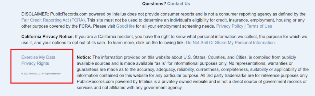 Screenshot of the PublicRecords' footer