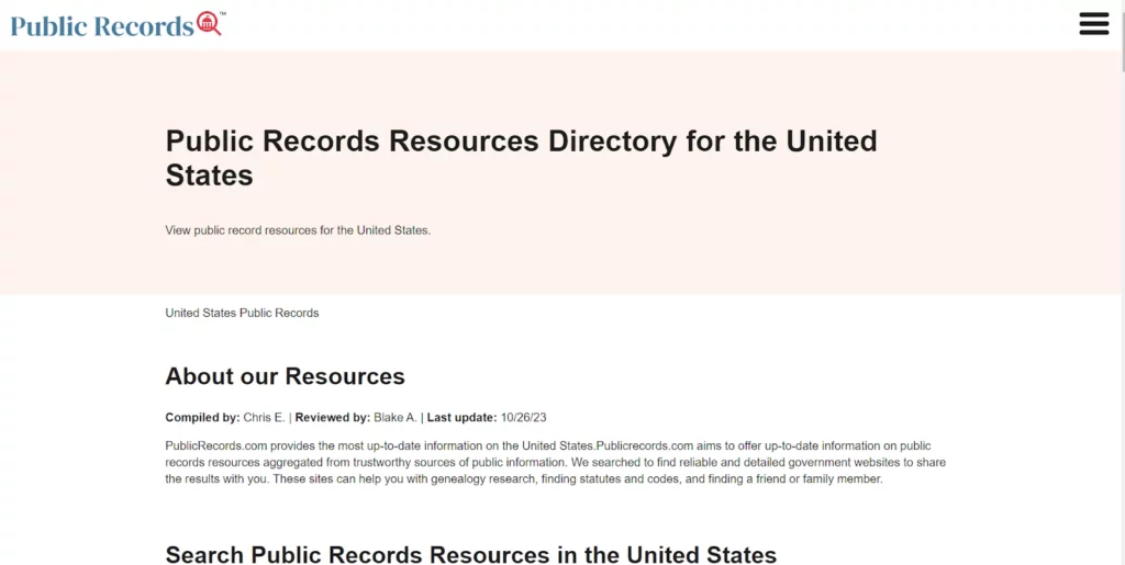 Screenshot of PublicRecords' homepage