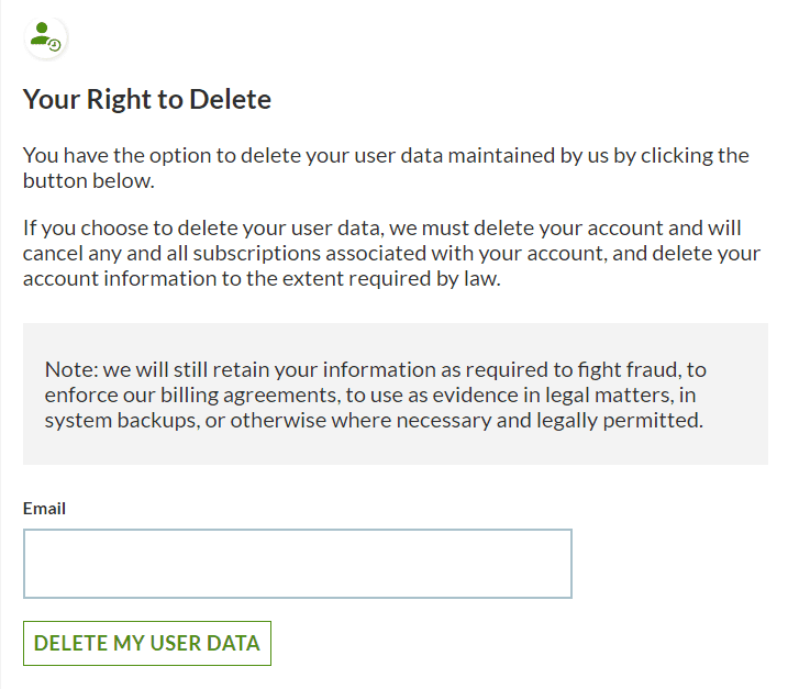 Screenshot of the Your Right To Delete prompt