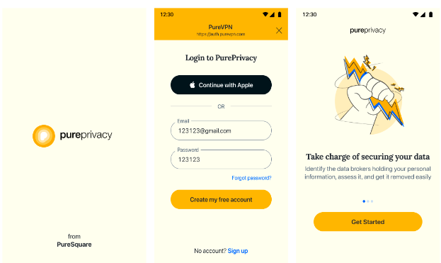 Screenshot of the signup screens of PurePrivacy app