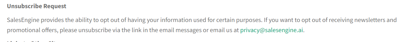 Screenshot of the email address you need to send request to for opting out of SalesEngine