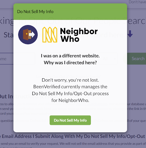 Screenshot of popup that appears when you click on "Do Not Sell My Personal Information"