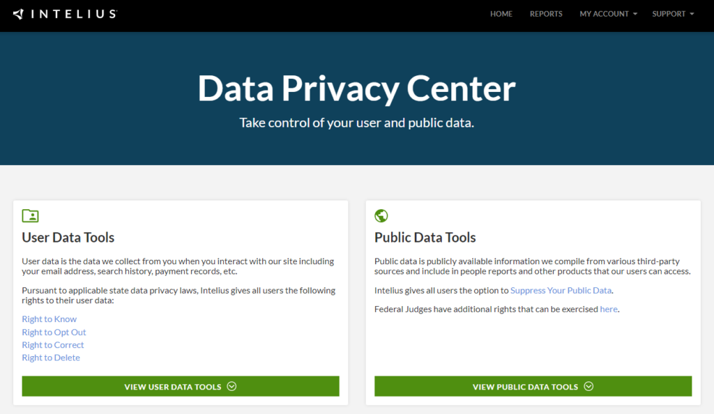 Screenshot of Intelius Data Privacy Center