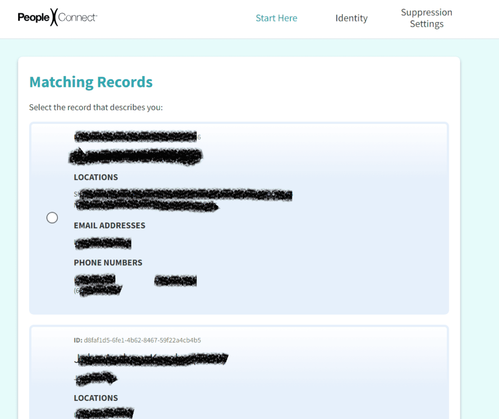Screenshot of the Matching Records data on PeopleConnect